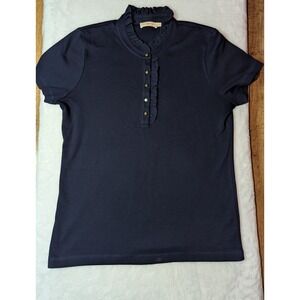 Tory Burch Navy Blue Ruffle Neck Short Sleeve Polo Shirt Gold Logo Buttons XL